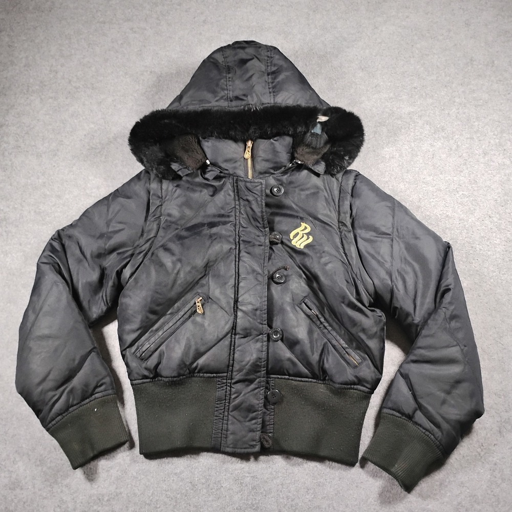 Vitnage Rocawear Womens Black Quilted Puffer Bomber Jacket Rabbit Fur Hood Y2K M